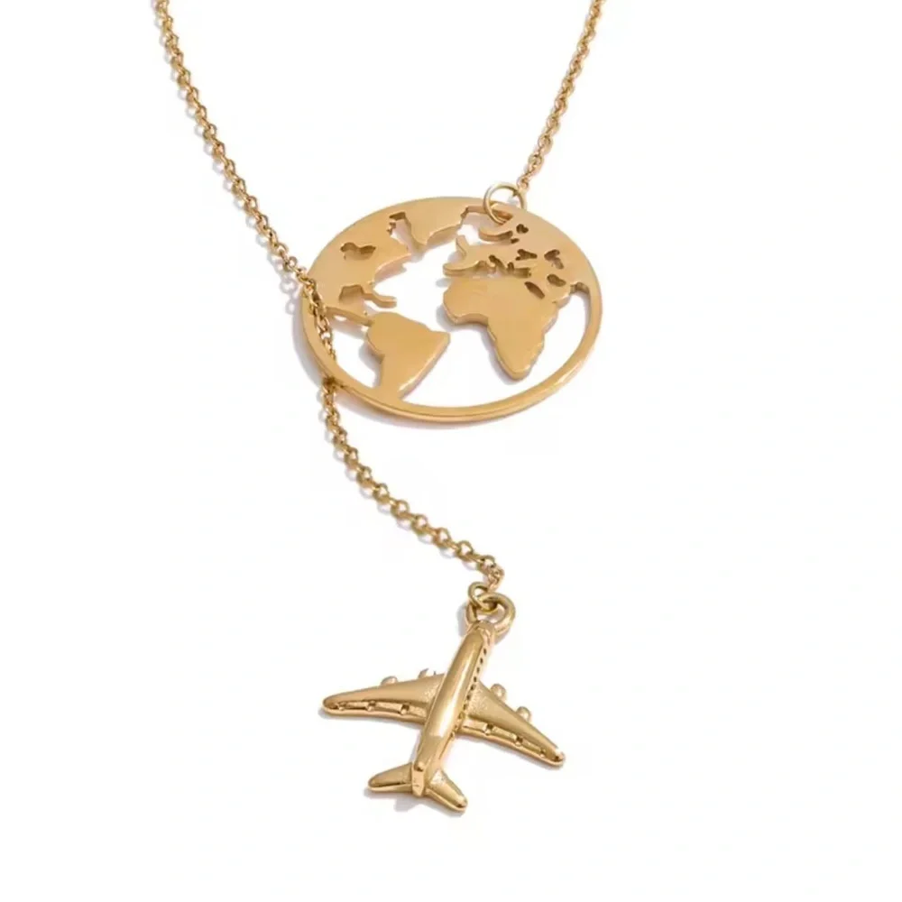 Traveller Airplane Gold World Map Necklace